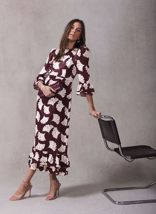 Burgundy Leaf Print Midi Dress