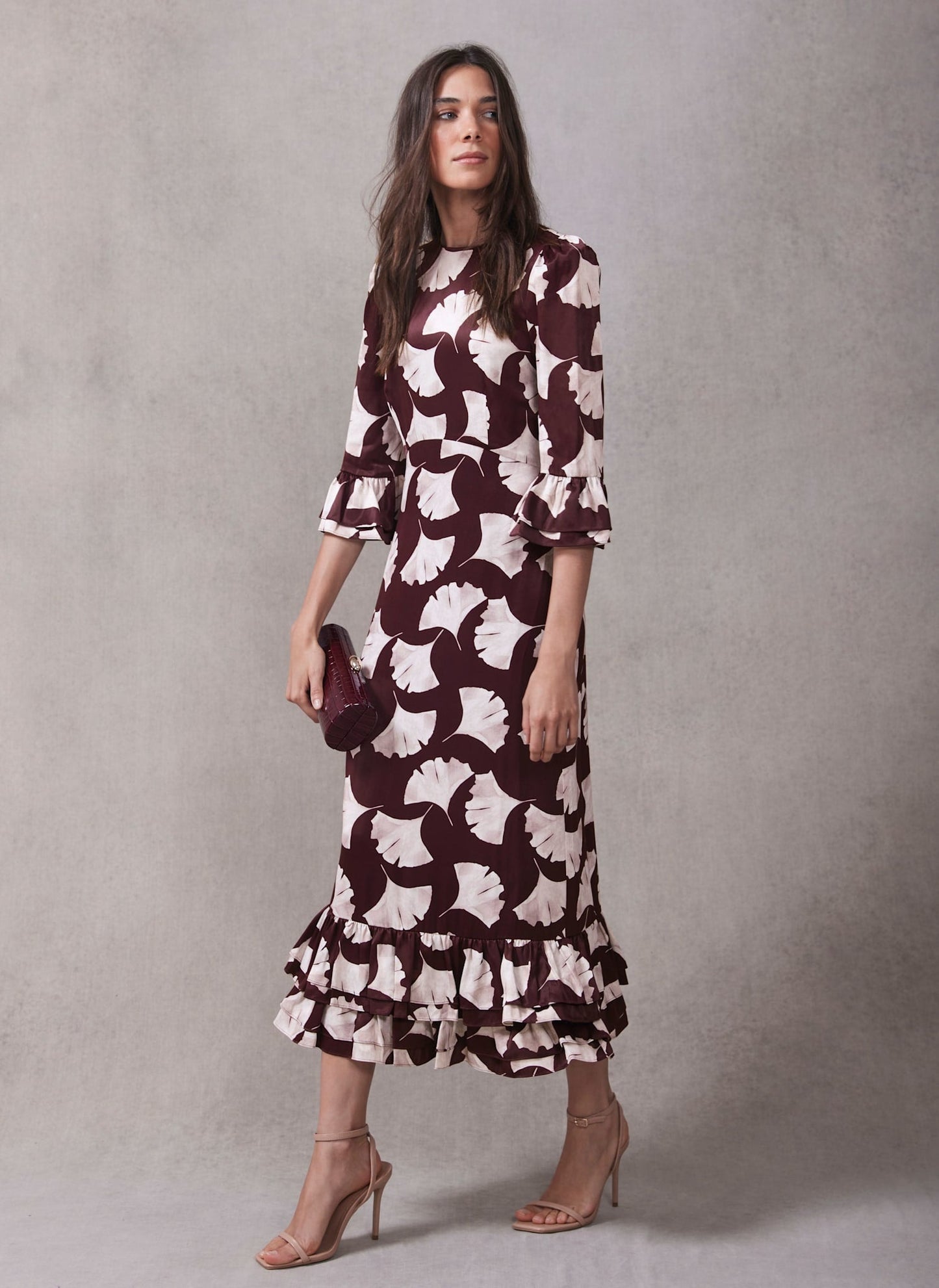 Burgundy Leaf Print Midi Dress