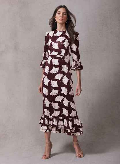Burgundy Leaf Print Midi Dress
