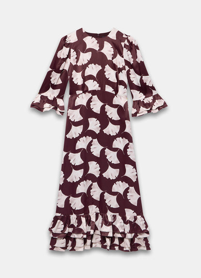 Burgundy Leaf Print Midi Dress