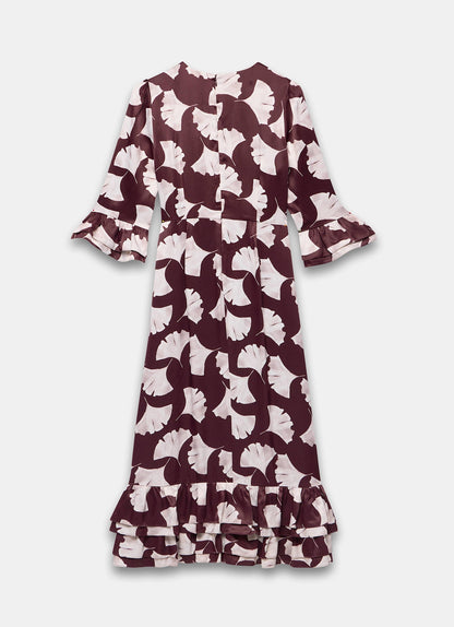 Burgundy Leaf Print Midi Dress