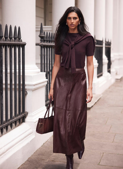 Burgundy Leather Midi Skirt