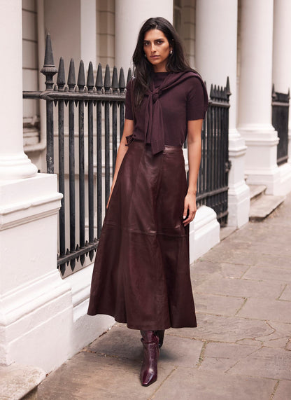 Burgundy Leather Midi Skirt