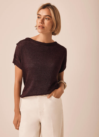 Burgundy Metallic Knit Batwing Top