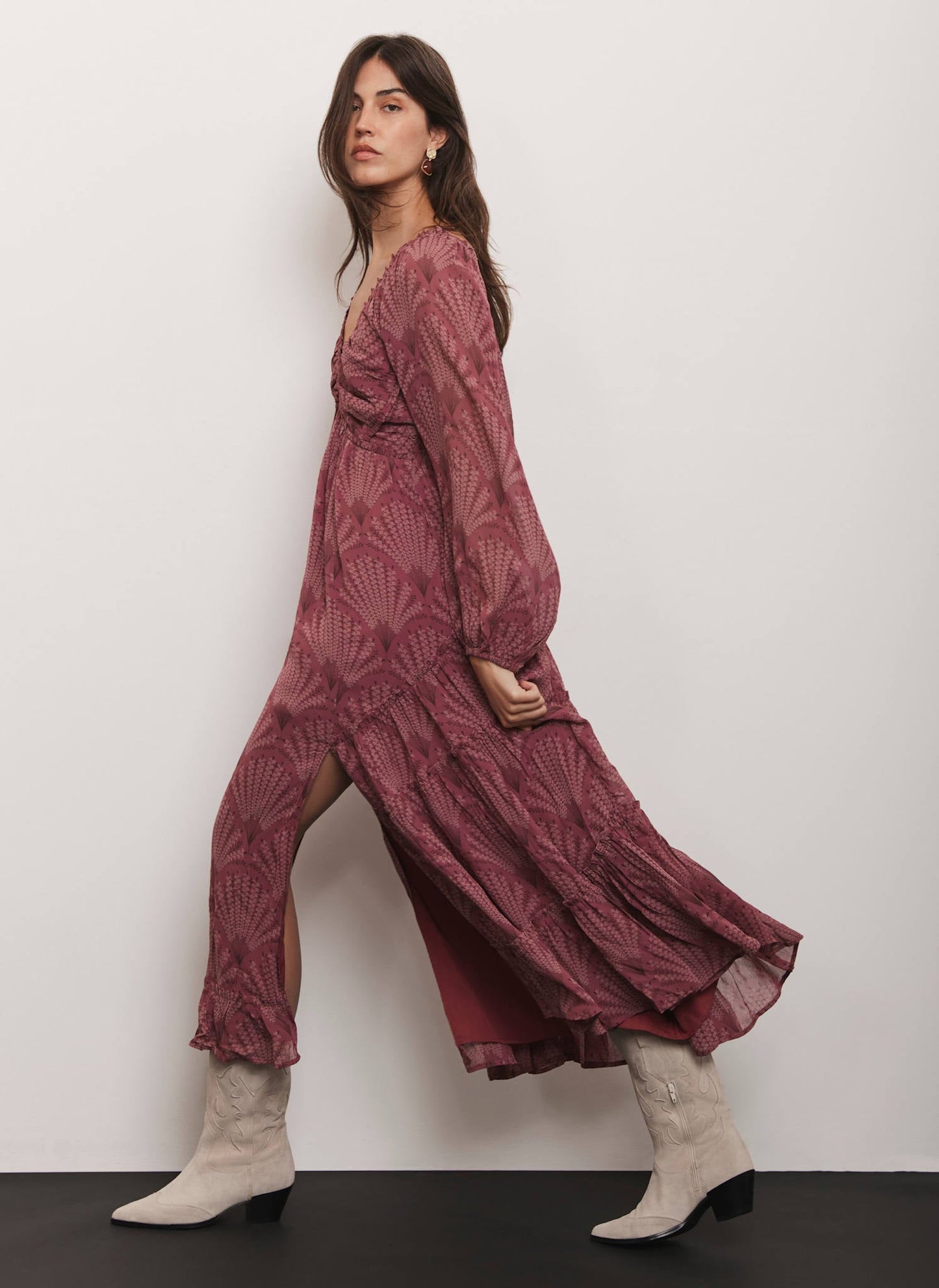 Burgundy Floral Print Midi Dress