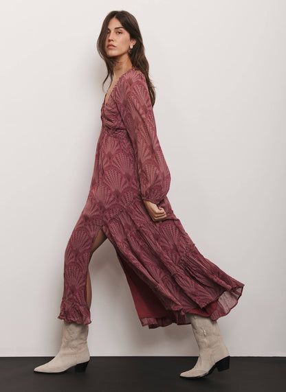 Burgundy Floral Print Midi Dress