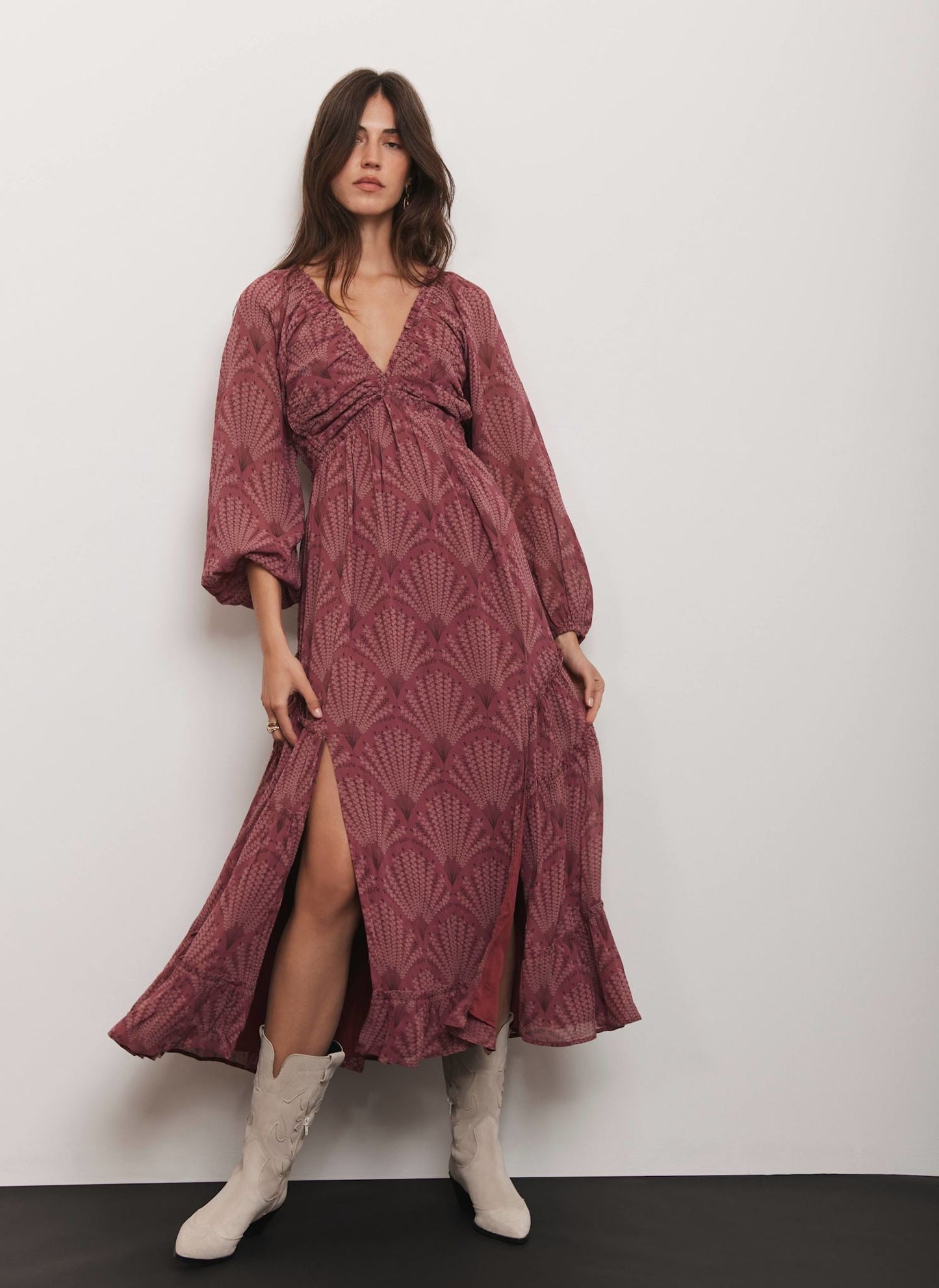 Burgundy Floral Print Midi Dress