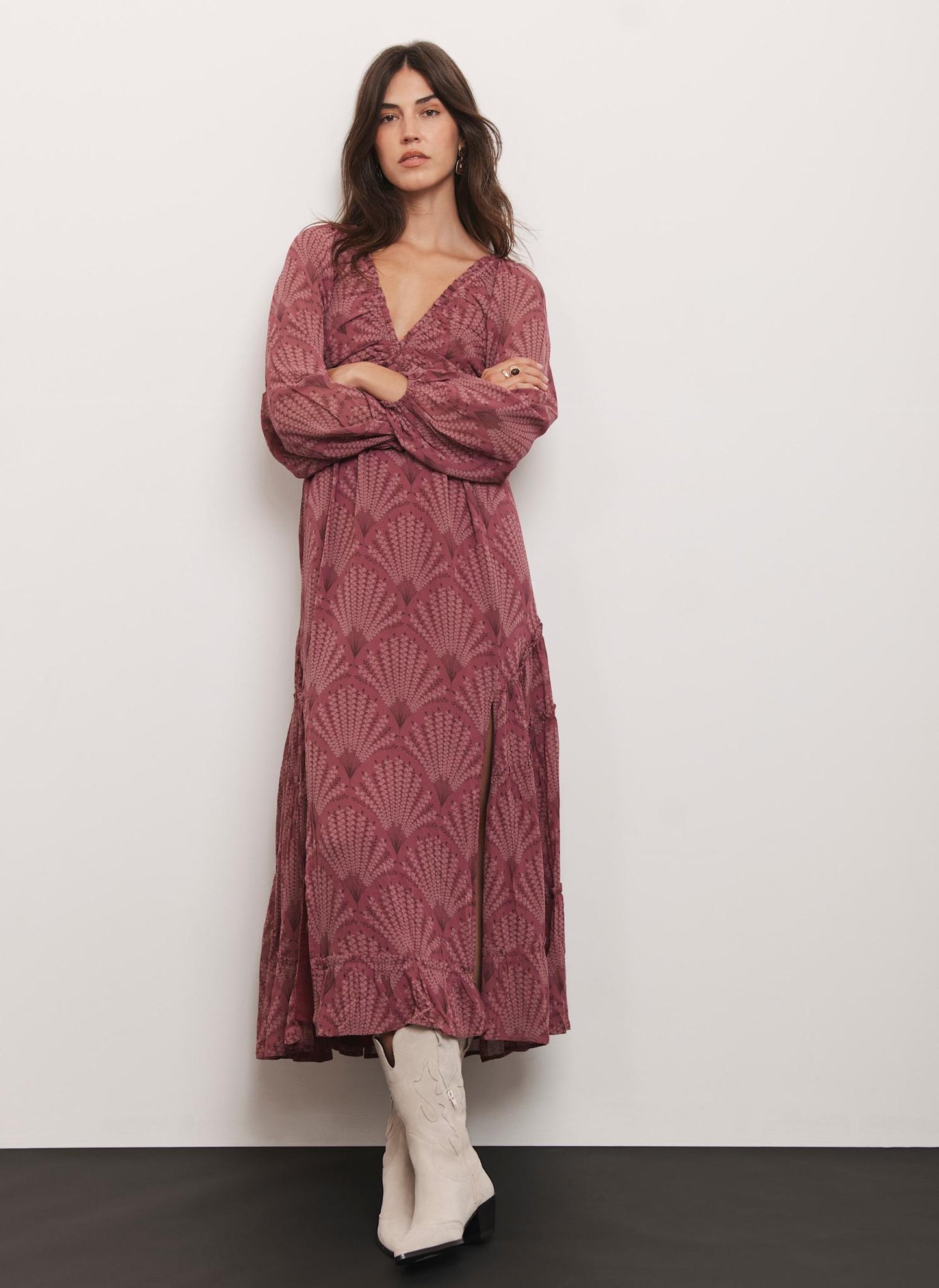 Burgundy Floral Print Midi Dress