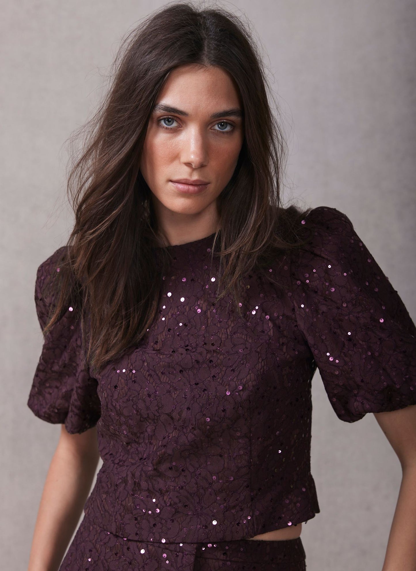 Burgundy Sequin Lace Puff Sleeve Top