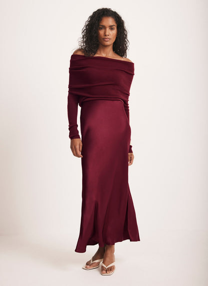 Burgundy Satin Slip Midi Skirt