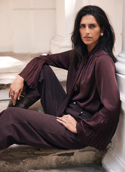Burgundy Satin Tie Neck Blouse