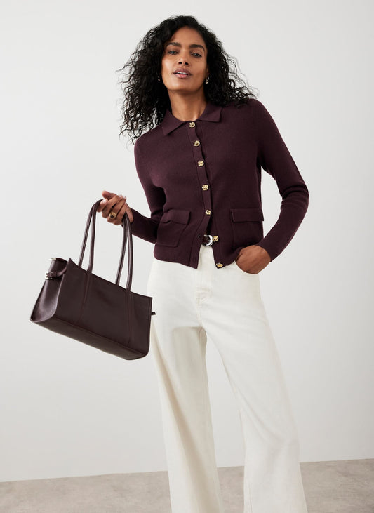 Burgundy Cotton Blend Collar Cardigan