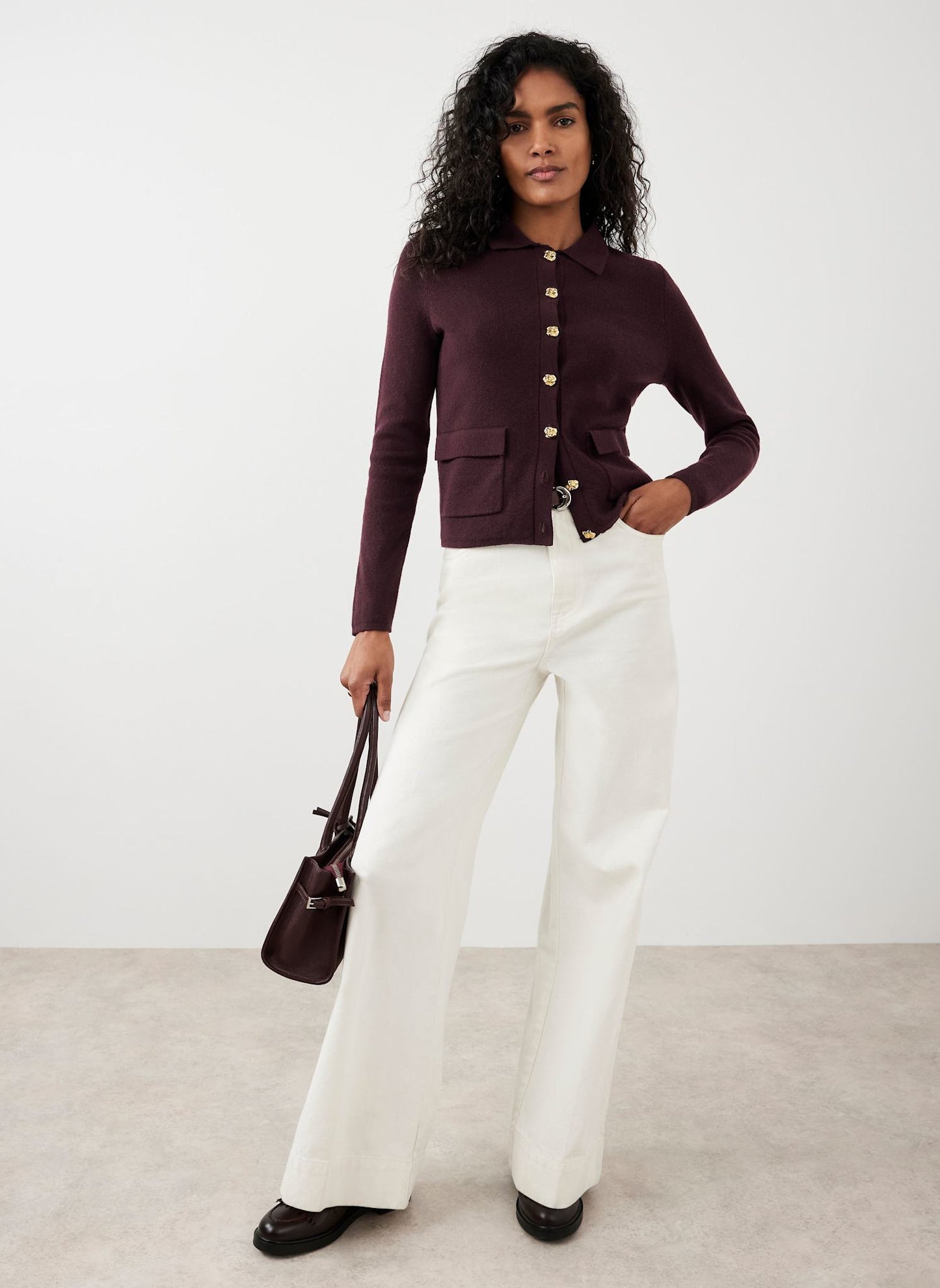 Burgundy Cotton Blend Collar Cardigan