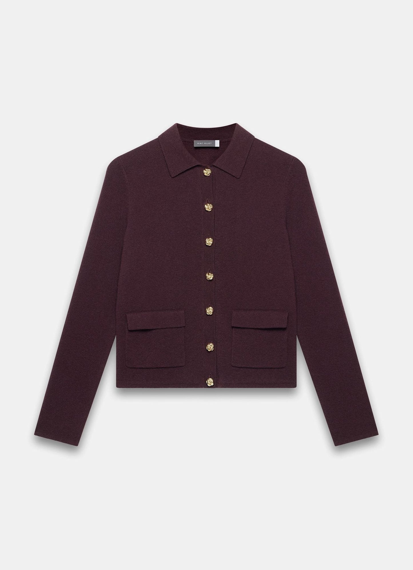 Burgundy Cotton Blend Collar Cardigan