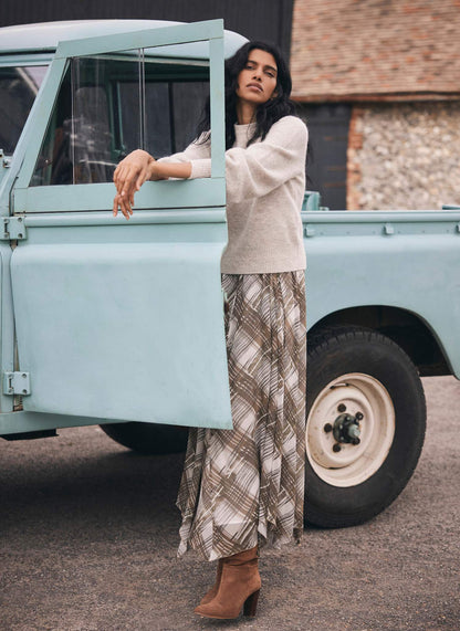 Brown Layered Knit Checked Print Midi Dress