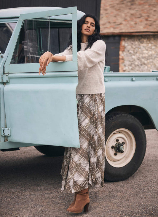 Brown Layered Knit Checked Print Midi Dress