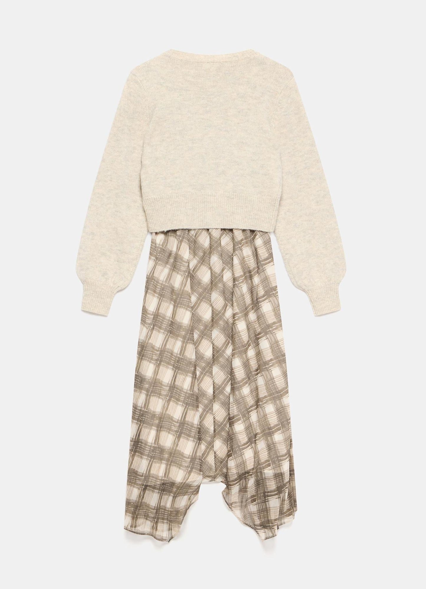 Brown Layered Knit Checked Print Midi Dress
