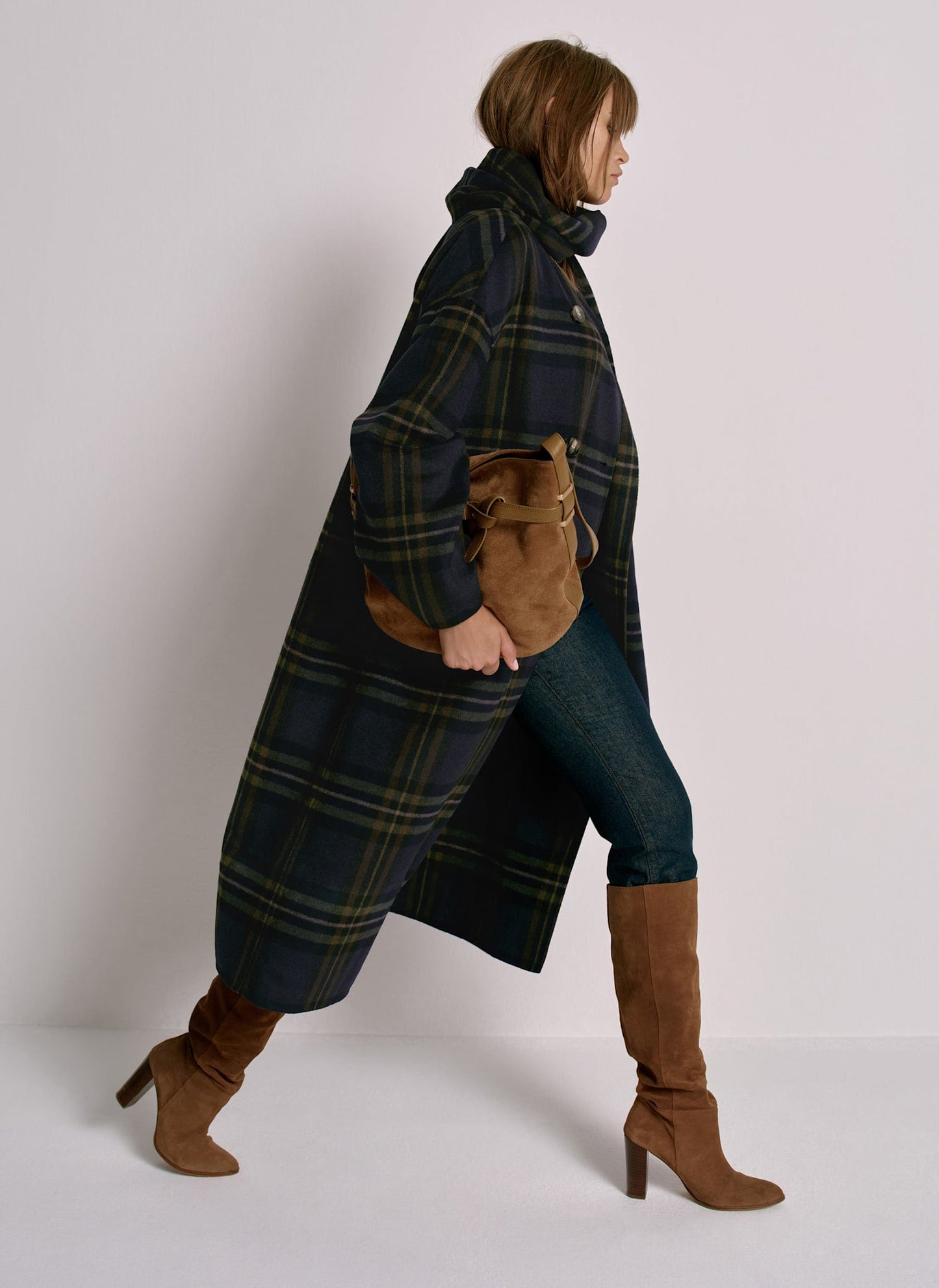 Navy Check Hand Finished Scarf Detail Coat