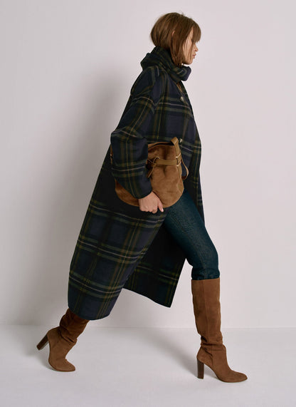 Navy Check Hand Finished Scarf Detail Coat