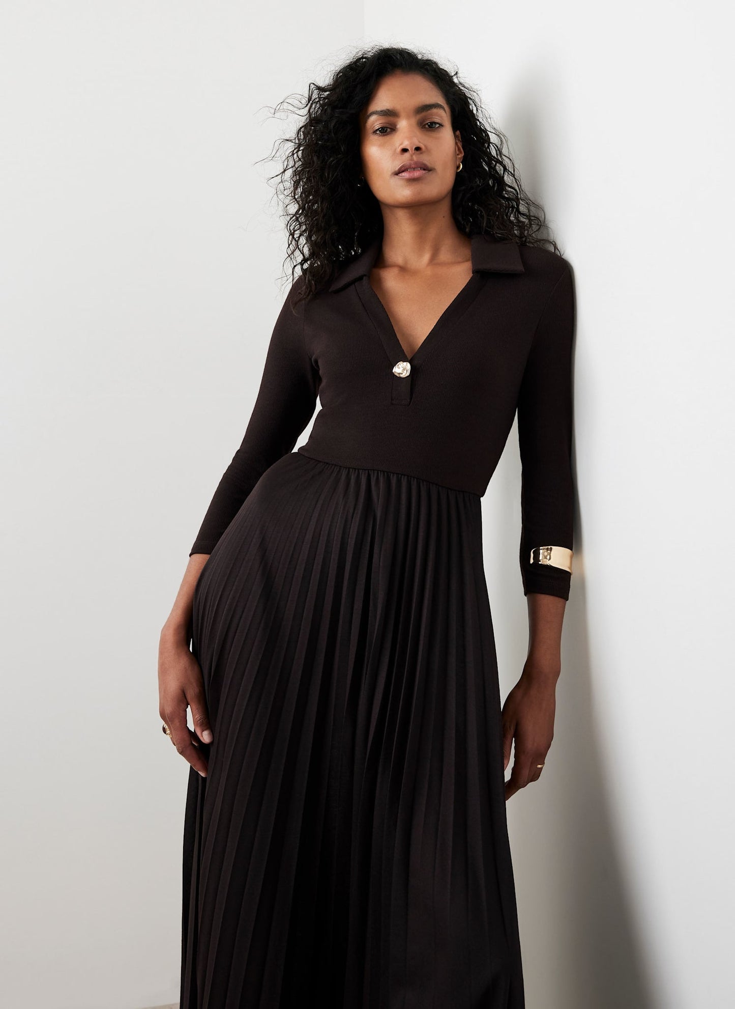 Brown Jersey Collar Midi Dress