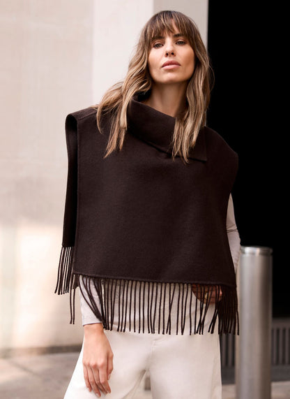 Brown Wool Blend Fringed Poncho