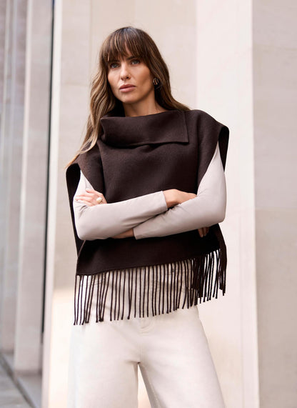 Brown Wool Blend Fringed Poncho