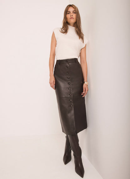 Brown Leather Midi Skirt