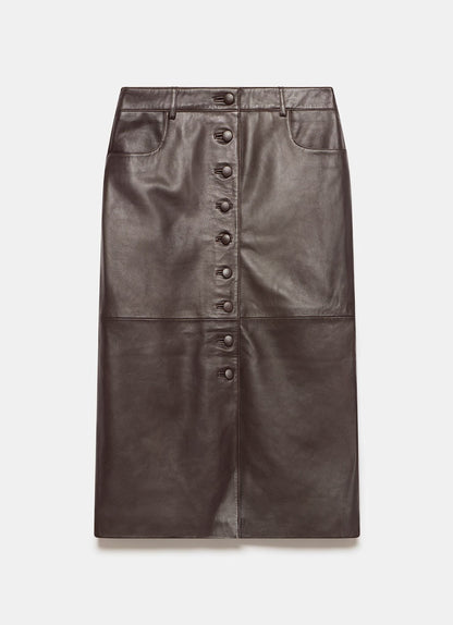 Brown Leather Midi Skirt