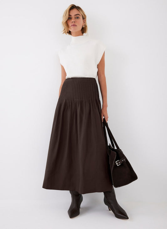 Brown Pintuck Maxi Skirt