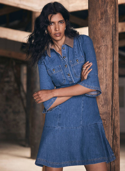 Cord Collar Denim Mini Dress