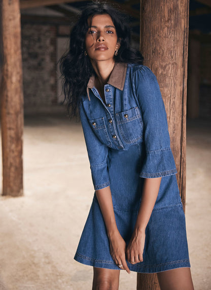 Cord Collar Denim Mini Dress
