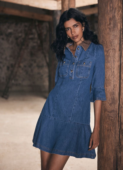 Cord Collar Denim Mini Dress