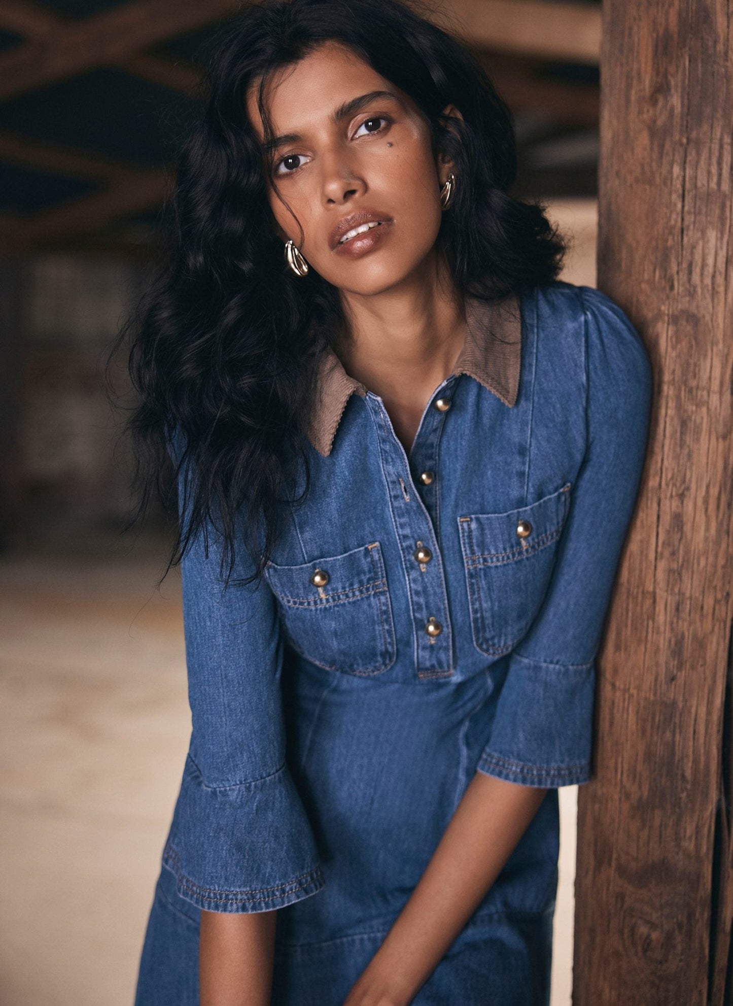 Cord Collar Denim Mini Dress