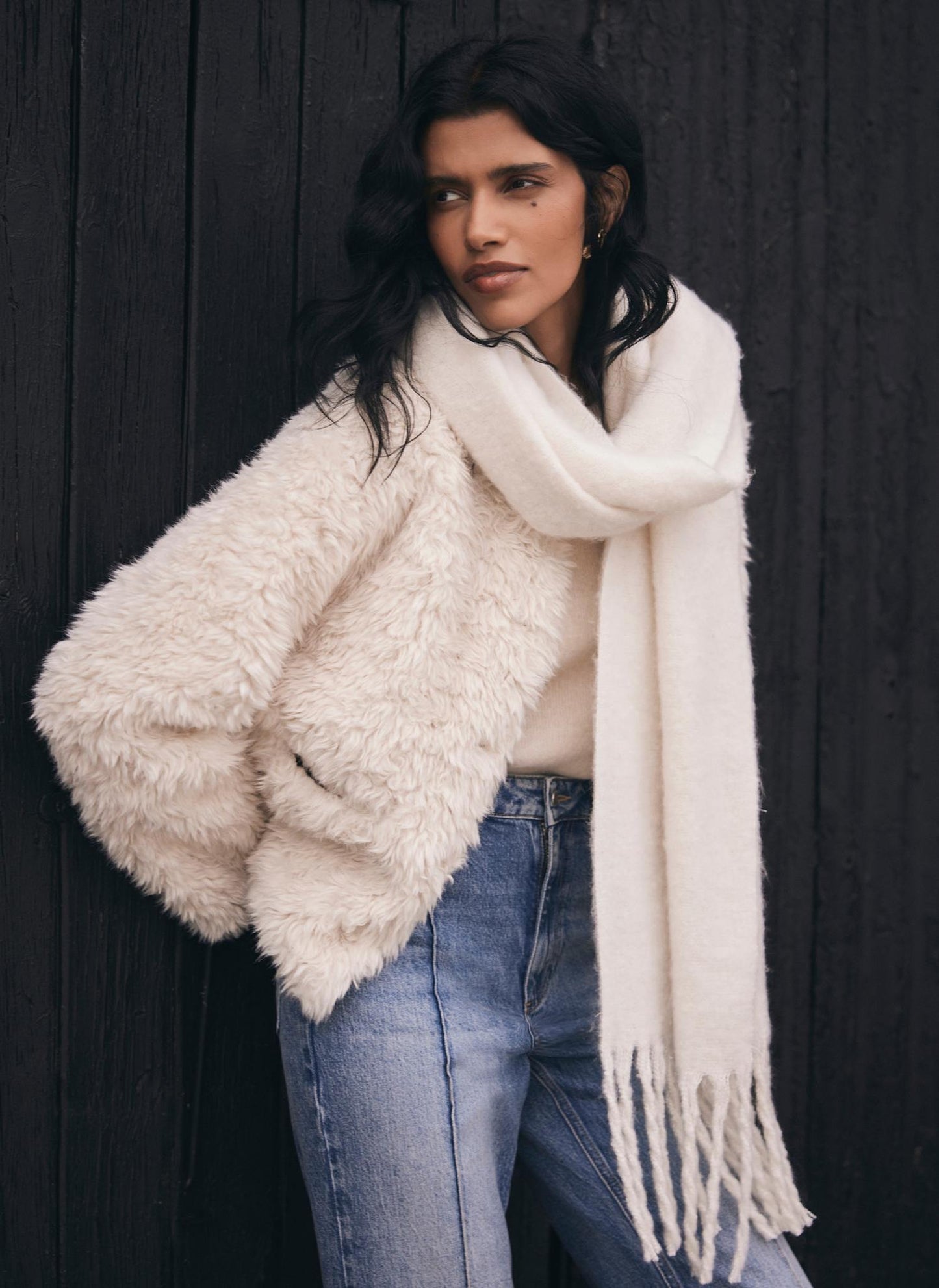 Cream Brushed Fringed Scarf