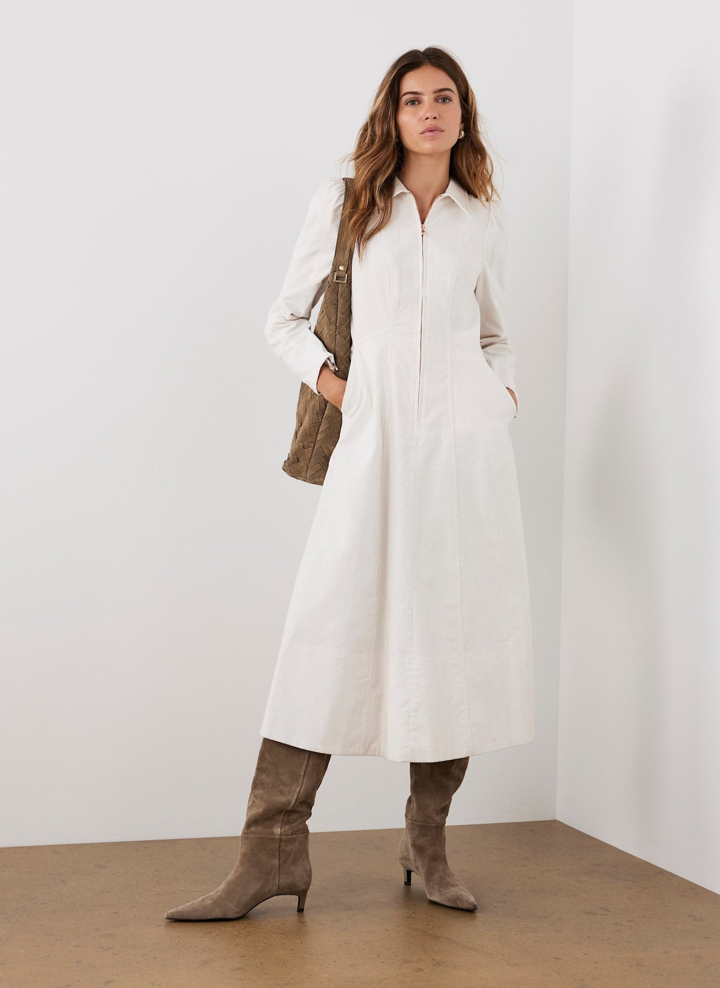 Cream Corduroy Midi Dress