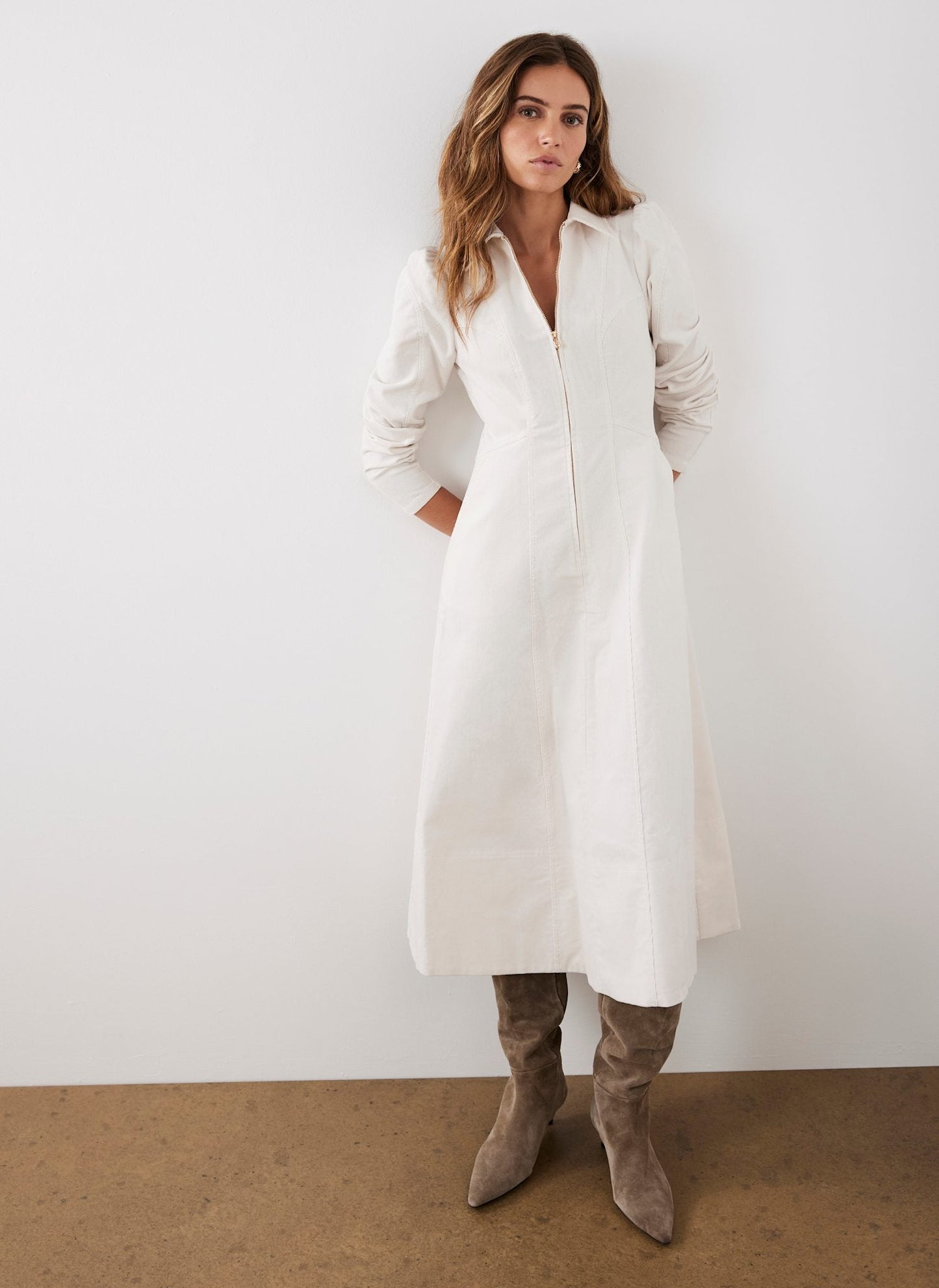 Cream Corduroy Midi Dress