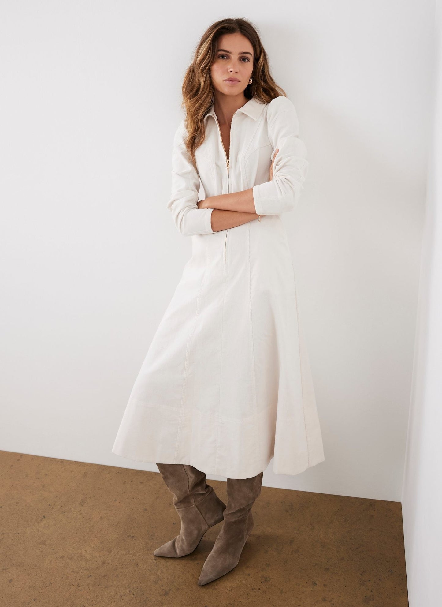 Cream Corduroy Midi Dress