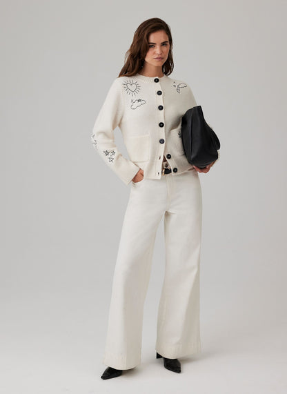 White Embroidered Knit Cardigan