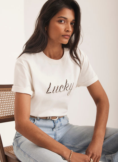 Cream Cotton Cut Out Lucky T-Shirt