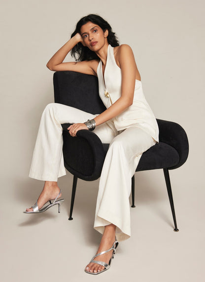 Cream Satin Flared Trousers