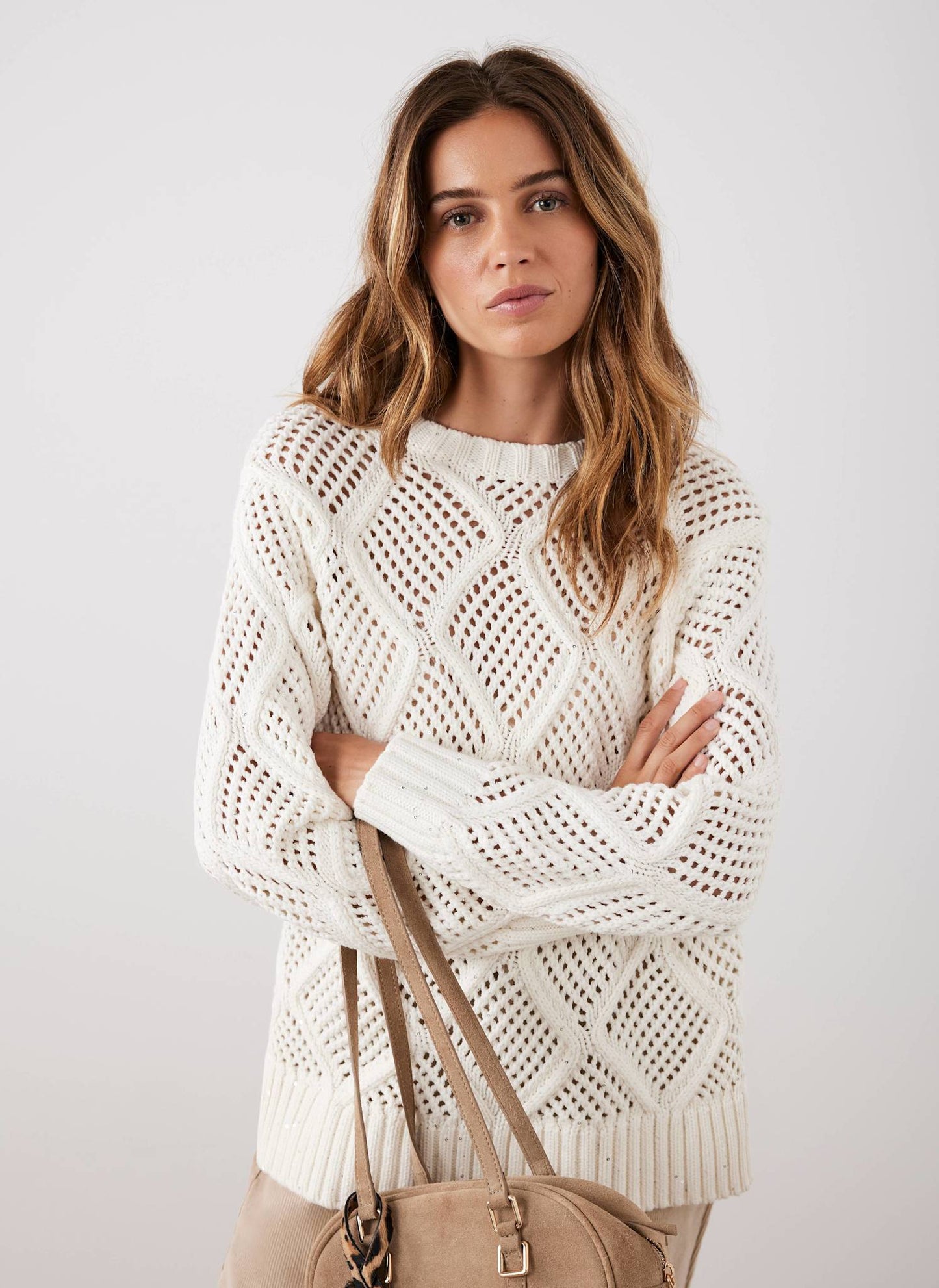 Cream Sequin Open Stitch Jumper