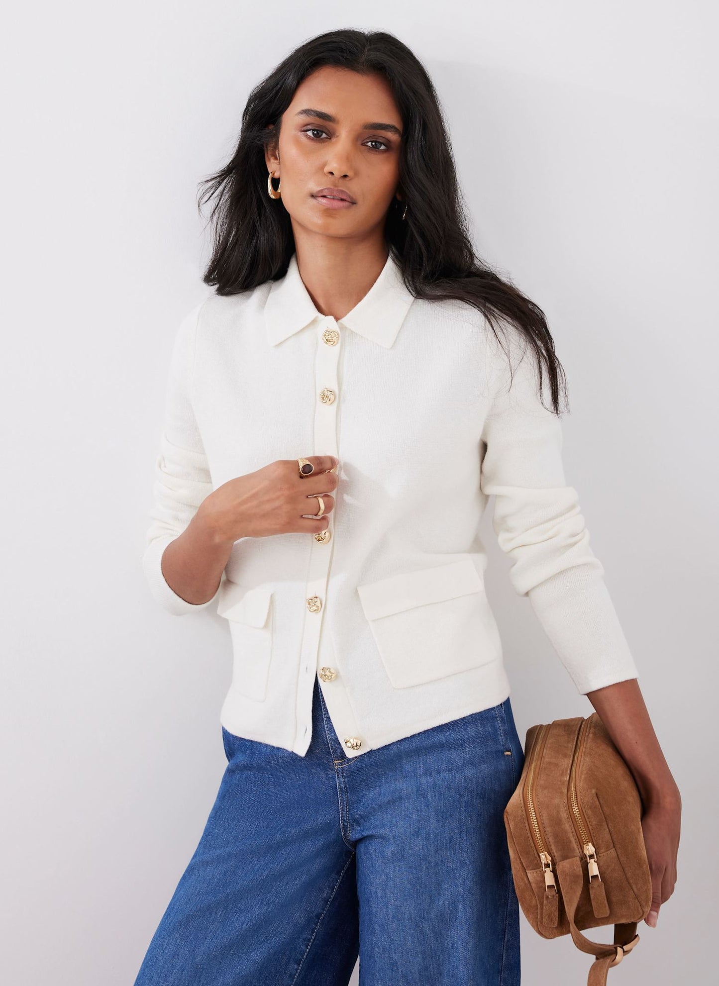 Cream Cotton Blend Collar Cardigan