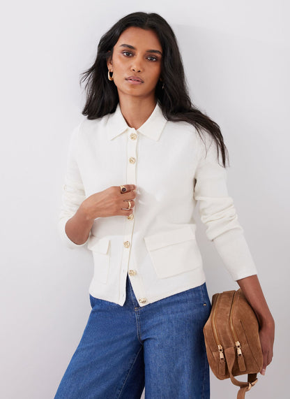 Cream Cotton Blend Collar Cardigan