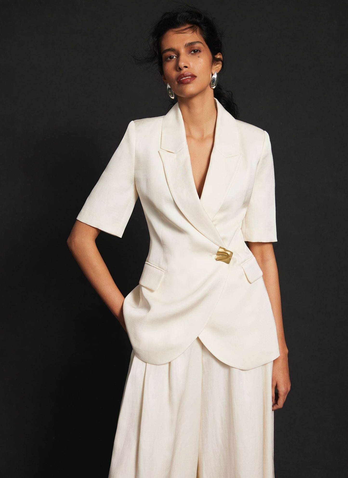 Cream Short Sleeve Longline Blazer