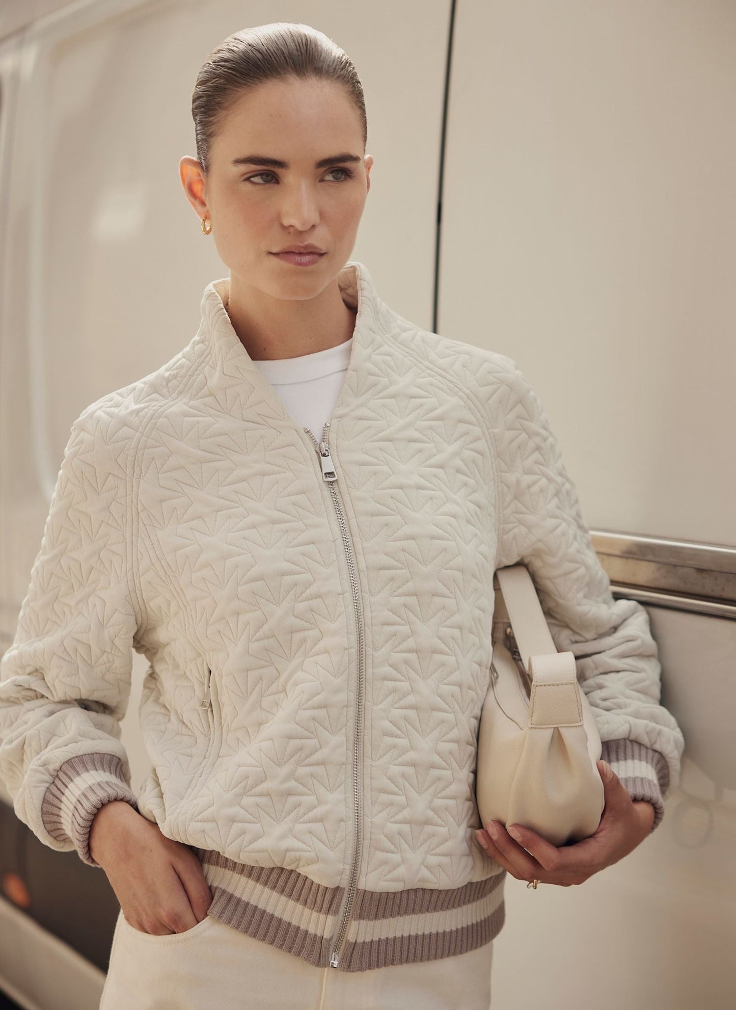 Cream Star Quilted Bomber Jacket