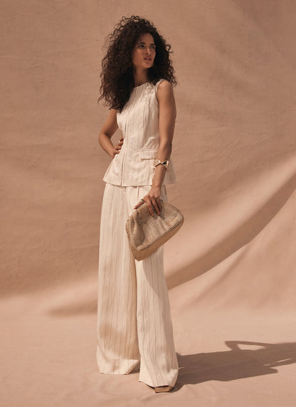 Cream Pinstripe Wide Leg Trousers