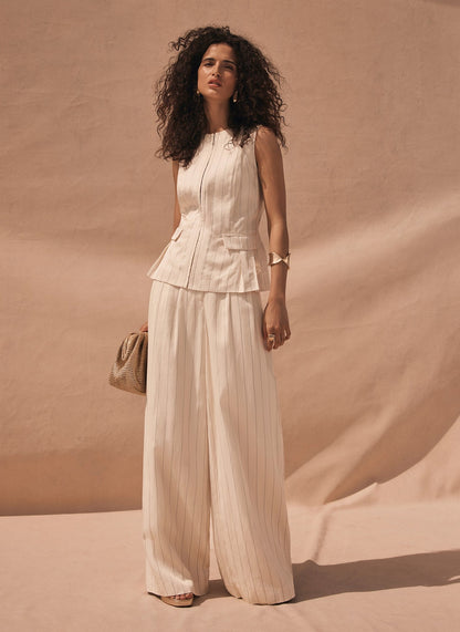 Cream Pinstripe Wide Leg Trousers