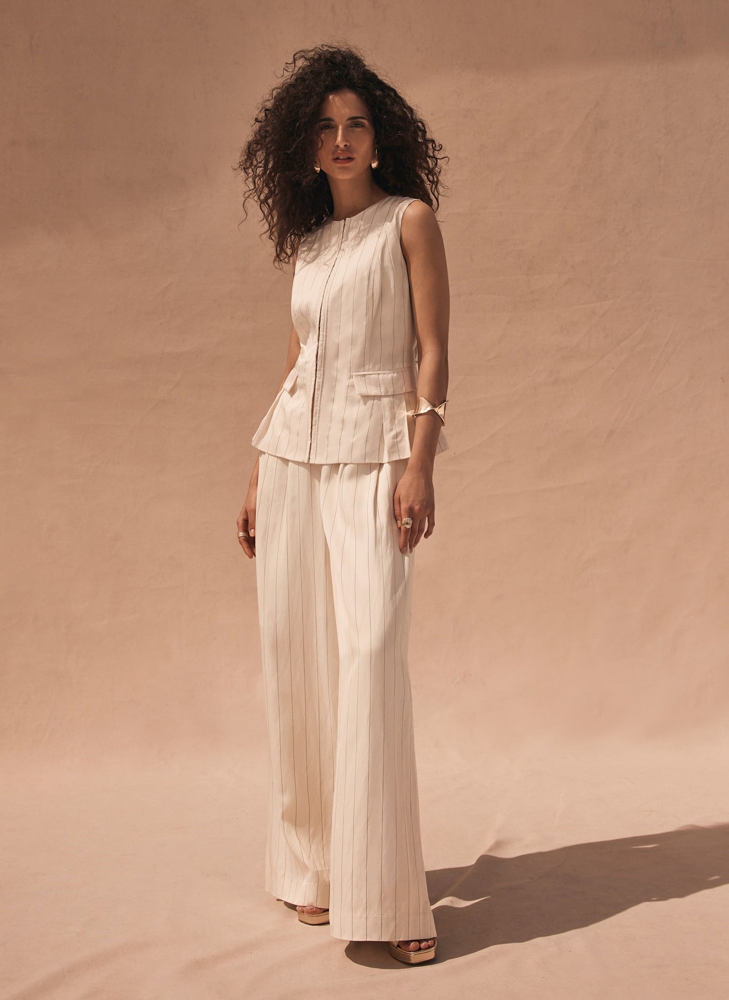 Cream Pinstripe Wide Leg Trousers