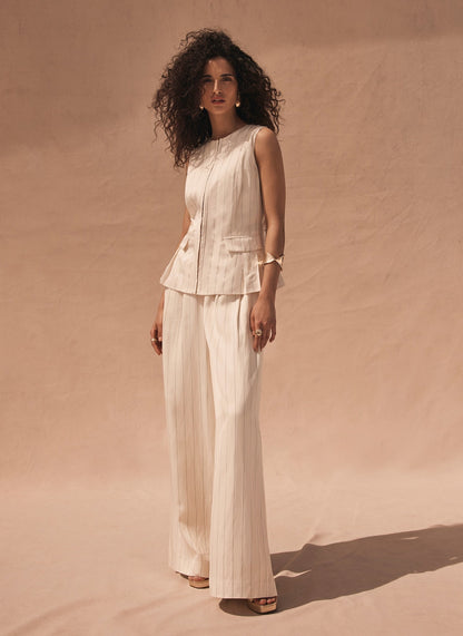 Cream Pinstripe Wide Leg Trousers