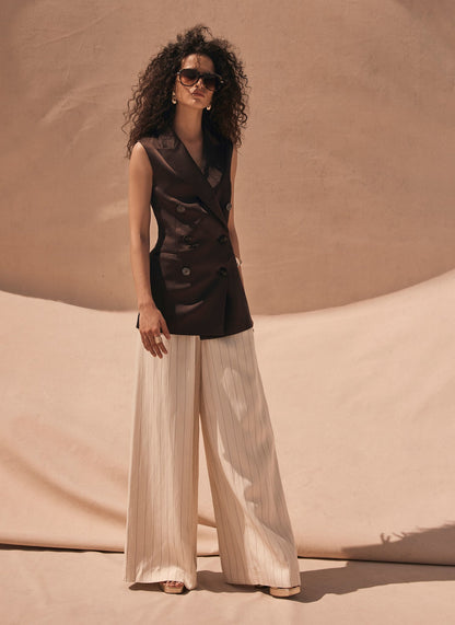 Cream Pinstripe Wide Leg Trousers
